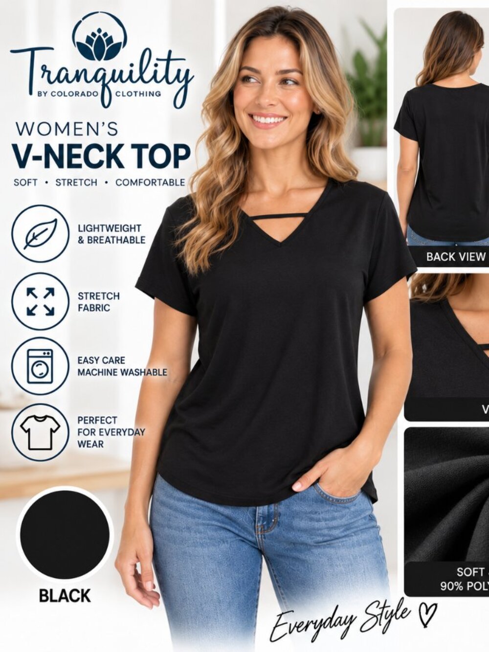Tranquility Women’s V-Neck Stretch Top Black XS Short Sleeve